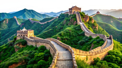 Majestic Panorama of the Great Wall of China Winding Through Lush Green Mountains at Sunrise A I G E N E R A T E D - P N G isolated on a transparent background