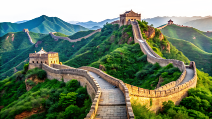 Majestic Panorama of the Great Wall of China Winding Through Lush Green Mountains at Sunrise A I G E N E R A T E D - P N G isolated on a transparent background