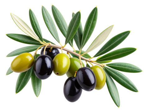 Realistic Olive Branch with Green and Black Olives, Transparent Background