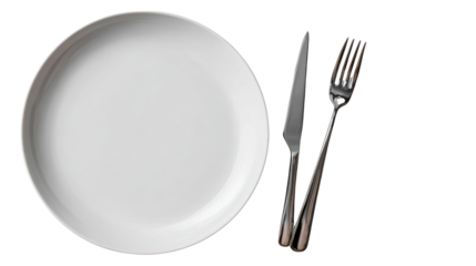 Empty white plate with knife and fork on isolated background, perfect for restaurant or food photography.