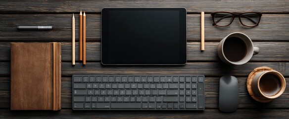 Dark Wooden Desk Workspace with Tablet Keyboard and Coffee