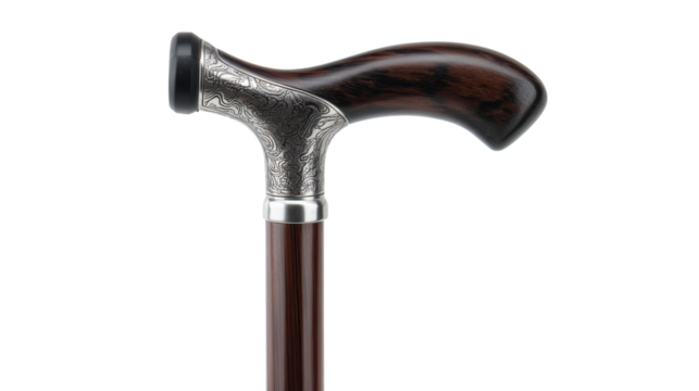 Elegant walking cane with a decorative handle on a white isolated background.