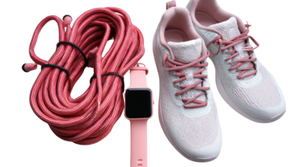 Fitness equipment including pink shoes and a jump rope, isolated on white background.