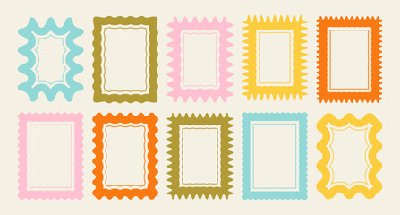 Corrugated wavy frame border frames. Vector wave edge kid color bg. Fun cute retro text boxes. Wiggly squiggly curvy wavy scalloped edge cute stamps. Groovy 60s zigzag stamp text frame collection