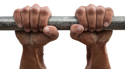 Hands gripping a metal bar with chalk, demonstrating strength and effort.