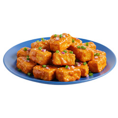 Delicious golden-brown tofu bites drizzled with sauce, garnished with green onions, on a blue plate