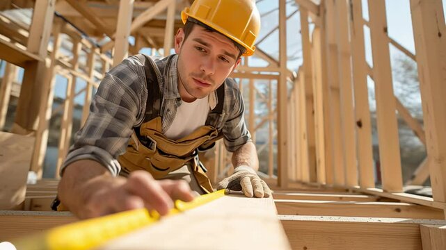 Focused construction worker in a hard hat using a measuring tape on a wooden beam at a building site, ensuring precise alignment during framing.