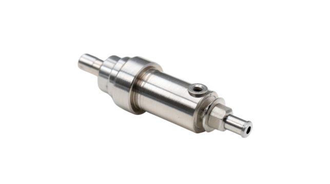 Metallic valve component isolated on a white background for automotive applications.