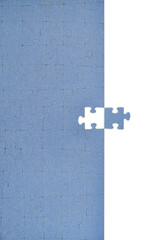 Blue jigsaw puzzle with one piece missing, placed to the side. Concept of problem solving,...