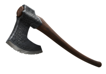 A decorative axe with runic inscriptions and carved designs set against a dark backdrop