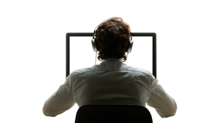 Person wearing headphones seated in front of a computer monitor, isolated on white background.