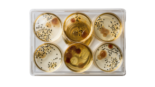 Petri dishes showcasing bacterial growth and culture on a white isolated background.