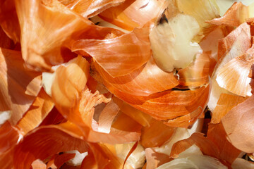 A close-up reveals the texture and shades of dry onion peels, creating an abstract yet natural...
