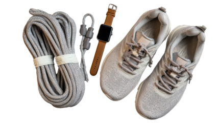 Running shoes, fitness tracker, and exercise rope against white background.