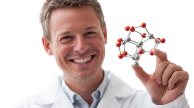 Scientist holding molecular model, smiling, white isolated background. - Powered by Adobe