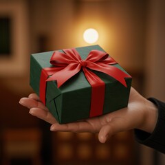 A hand presents a dark green gift box with a vibrant red ribbon, symbolizing celebration against a warm, blurred background.
