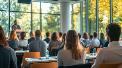 Obraz premium Engaging Conference Setting with Attentive Audience in Background