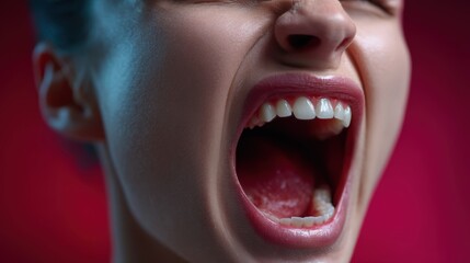 Intense CloseUp of Screaming Woman Reveals Raw Emotion in Dramatic Light Showcasing Extreme Vulnerability in this Emotional Expression Against Red Backdrop