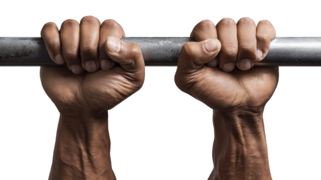 Strong hands grasping a barbell, ready for a workout, isolated on white background. - Powered by Adobe