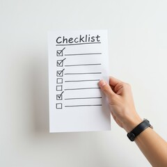 A hand wearing a watch holds a checklist document with three items marked, against a white wall.
