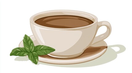 Herbal Tea Cup with Fresh Mint Sprig on a White Background