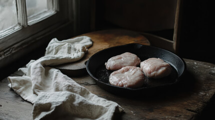 A close-up of two raw pork cutlets prepped for pan-frying, styled beside a cast iron skillet and a linen towel on a farmhouse table 