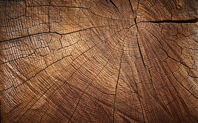 Texture of rustic, aged woodentree trunk cross-section showing natural wood grain, annual rings, and cracks. Perfect texture for backgrounds, eco design, or nature-related concepts © Pihuliak