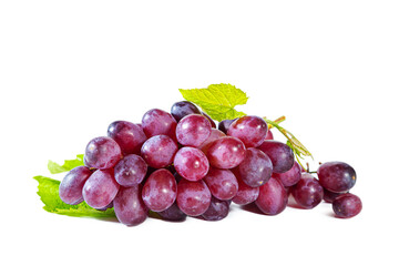 Bunch of purple juicy grapes with leaf isolated on white background.