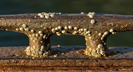 Fototapeta premium Barnacles Encrusting a Rusty Metal Cleat in Coastal Setting