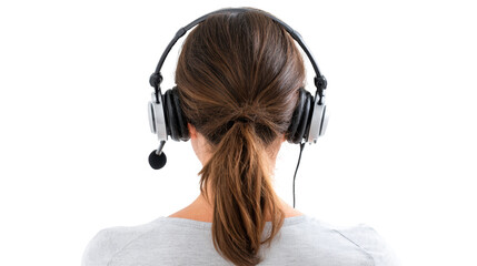Woman wearing headset, focused on work, white isolated background.