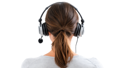 Woman wearing headset, focused on work, white isolated background.