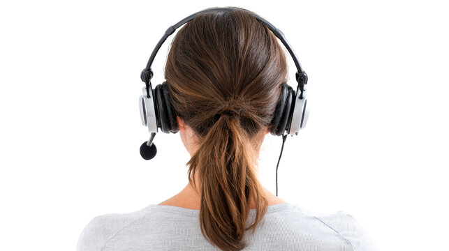 Woman wearing headset, focused on work, white isolated background.