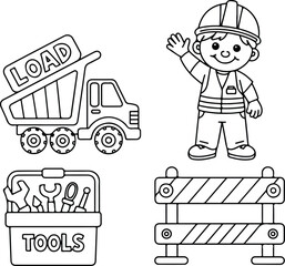 A coloring page with a construction worker, dump truck, toolbox, and a construction barrier outlined