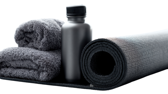 Yoga mat, black bottle, and towels for practicing yoga, white isolate background.
