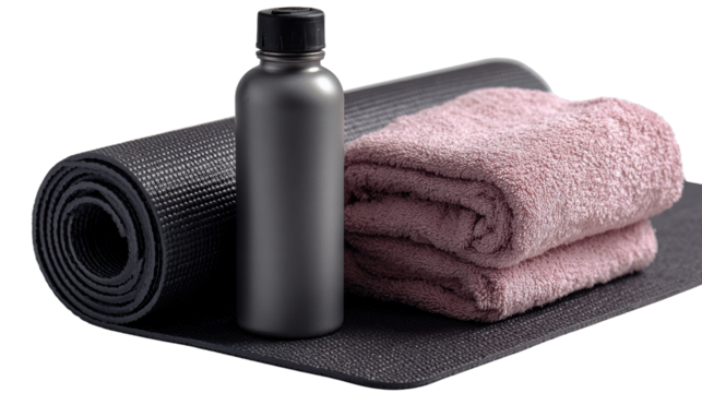 Yoga mat, towels, and water bottle for fitness, on a white isolated background.