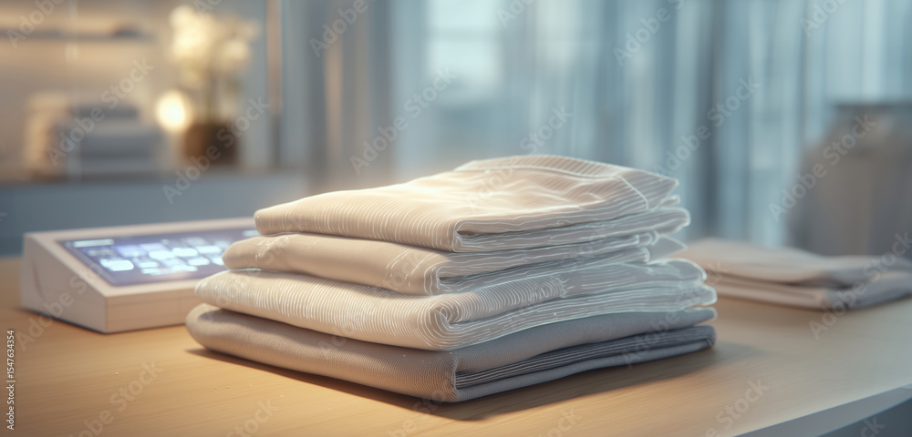 Fototapete soft nanofabric towels are neatly stacked on a sleek wooden table, illuminated by soft ambient light