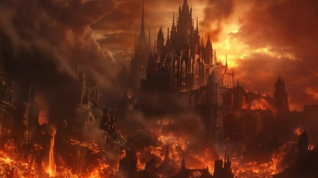 Dark gothic cathedral engulfed in hellfire representing Yahannam, the Islamic hell, with towering spires surrounded by flames and apocalyptic destruction