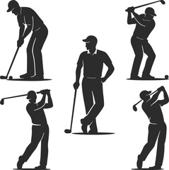 Obraz premium Silhouetted figures of golfers in various poses, demonstrating different golf swings.