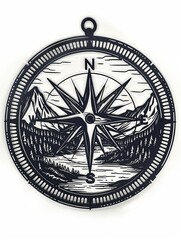The compass shows the sides of the world against the background of beautiful nature.