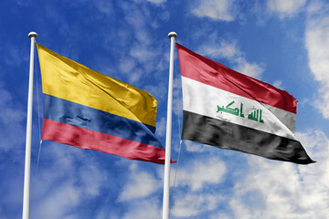 Colombia and Iraq flags waving together against a dynamic blue sky, representing diplomatic ties,...