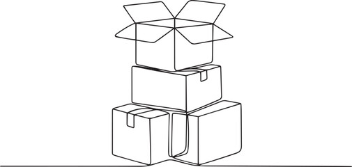 Continuous single line drawing of stacked cardboard boxes in pyramid formation with open top box on white background

