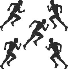 Silhouette illustration of five male runners in various running postures.