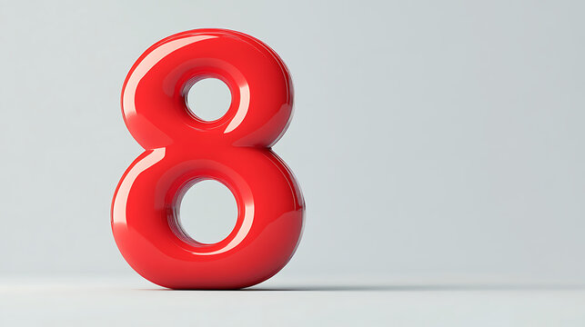 A glossy red number eight standing on a white surface against a light gray background plain studio shot - Powered by Adobe