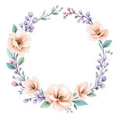Peach Flower Wreath with Purple Berries, Watercolor Style