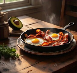 Still life of bacon and eggs in a skillet with avocado on a wooden table near a window light