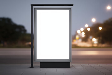 Blank advertising billboard mock up with copy space at a bus stop in an urban setting, illuminated by soft evening lights, ready for promotional content display