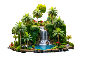 Miniature Tropical Island Paradise Lush Green Palm Trees Cascading Waterfall Tranquil Pool A I G E N E R A T E D - P N G isolated on a transparent background