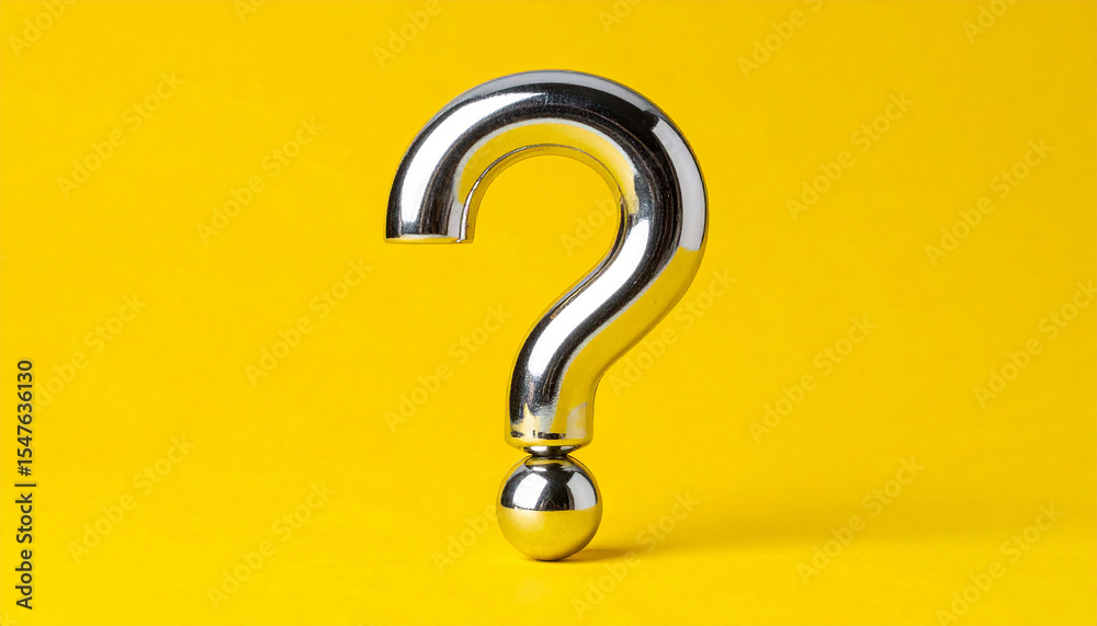 Poster shiny silver color question mark made of metal chrome on yellow. faq and qa. problem solution.