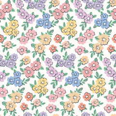 Seamless floral pattern, liberty ditsy print in cute girly style. Delicate botanical fabric, textile design of small hand drawn flowers, tiny leaves, simple pastel bouquets. Vector illustration.