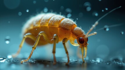 Translucent dust mite with oval body and eight legs, highly magnified under microscope, scientific detail, no people.